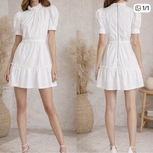 NWOT Alice + Olivia White Ruffled High-Neck Mini Dress